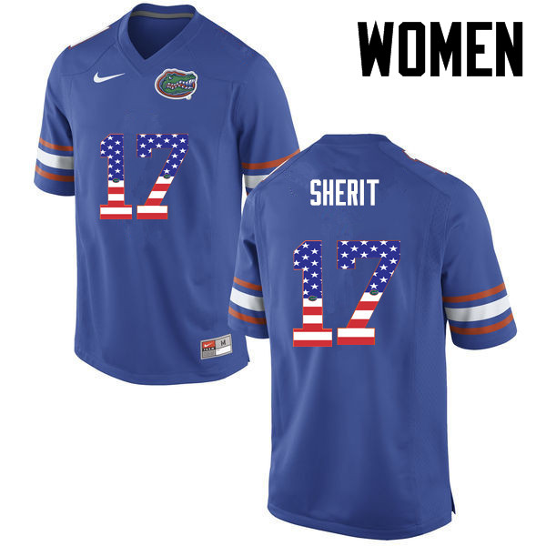 Women Florida Gators #17 Jordan Sherit College Football USA Flag Fashion Jerseys-Blue